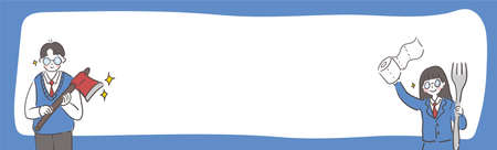 Hand drawn banner frame with students in school uniforms.のイラスト素材