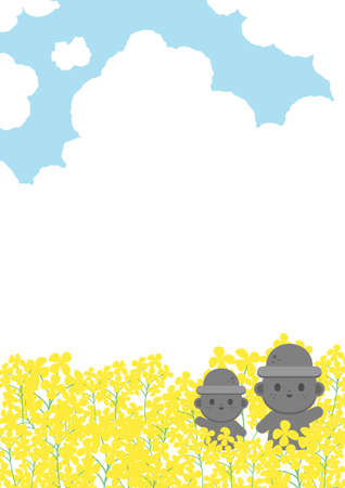A background illustration with rapeseed and cloud of stone harubang.のイラスト素材