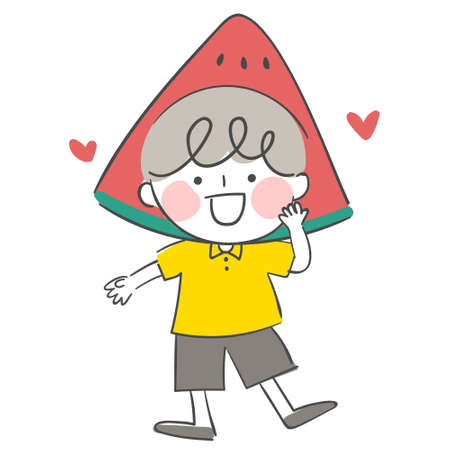 An illustration of a child wearing a watermelon hatのイラスト素材