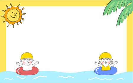 Illustration of children playing in the water and frame design.のイラスト素材