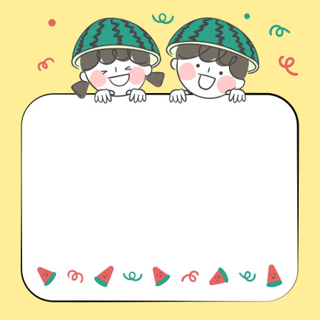 Illustration of children wearing watermelon hat and frame design.のイラスト素材