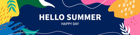 Hello Summer. Banner with abstract hand drawn elements. Vector Illustration