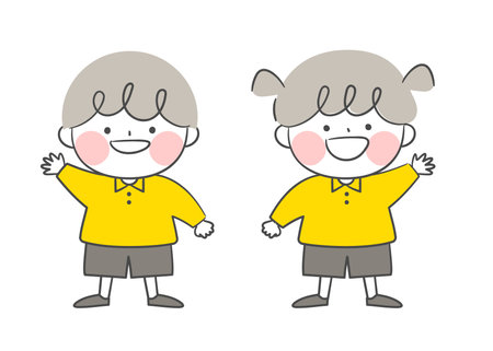 Illustration of kids characters who raise their hands to greet each otherのイラスト素材