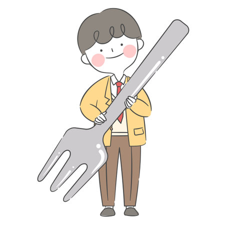 Illustration of a Student Cheering for Exams with a Giant Forkのイラスト素材