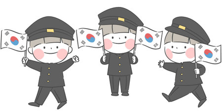 An illustration of a boy holding the Korean national flagのイラスト素材