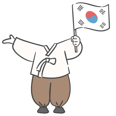 A character in old Korean attire holding the national flag, with a face cutoutのイラスト素材