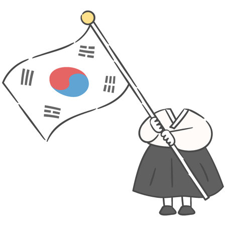 A character in old Korean attire holding the national flag, with a face cutoutのイラスト素材