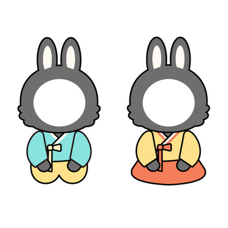 Black rabbit character couple in hanbok with a face cutoutのイラスト素材
