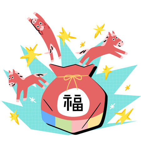 New Year illustration showing red horses coming out of a lucky bagのイラスト素材