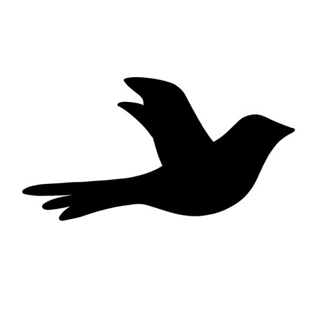 flying bird silhouette. Logotype illustration in single black color. In cartoon style. Animal icon on white backgroundの写真素材