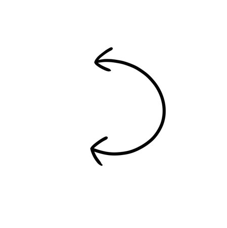 Curved line with two side arrow.Half circle line. Hand drawing of thickness, depth, point. Black double headed arrow icon.Contour image on white. Line circular design for any purposes. For conclusion.の写真素材