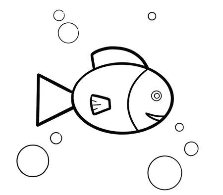Fish with bubbles outline illustration. Coloring page for children, kids, babies. Underwater fauna. Hand drawn in cartoon style. Colorless simple  shapes cartoon.Funny sea creature for kid, little oneの写真素材