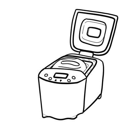 Bread machine with bread inside outline illustration. Hand drawn kitchen appliance and equipment for cooking and baking in doodle caroon style. Automatic home bread maker machine.の写真素材