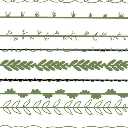 Decorative lines. Hand drawn single lines in floral style. Decoration for border, frame, divider. Black and green sketch. Leafs scribbleの写真素材