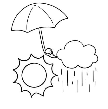 Cute outline illustration of cloud that protect the sun from rain. Weather concept. Rainy day. Cloud holds the umbrella. Hand drawn cartoon art in doodle sketch style. Kids,children style baby drawingの写真素材