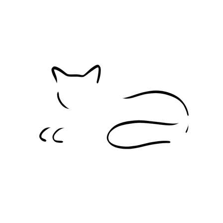 Cat doodle sketch in abstract hand drawn style, black illustration. Kitten isolated on white background. Silhouette linesの写真素材