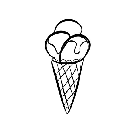 Ice cream outline doodle. Hand drawn sweet food in cartoon sketch style. Simple scribble ice cream in waffle corner with balls. Black lineの写真素材