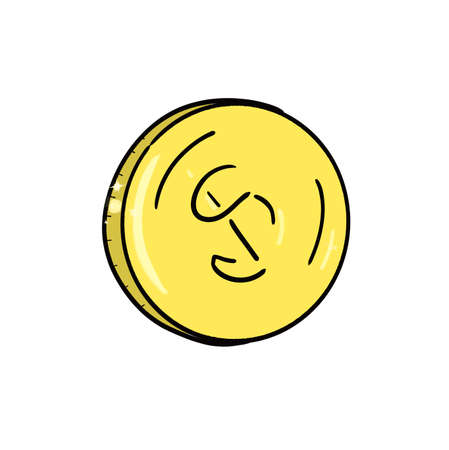 Gold coin hand drawn illustration in cartoon doodle style. With dollar symbol. Shining metal money at flip side position.Colored drawing isolated on white background.の写真素材