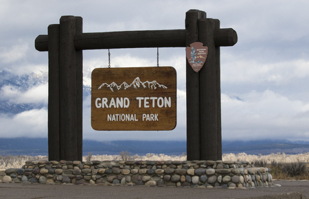 Sign, grand teton national park, obtained 2016, located at south entrance to park near Jackson Hole, Wyomingの写真素材