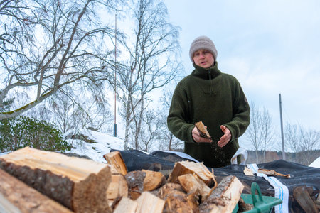 Rural Winter Lifestyle and Firewood Preparation.