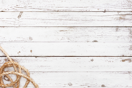 white empty wooden table of traveller with rope, top viewの写真素材