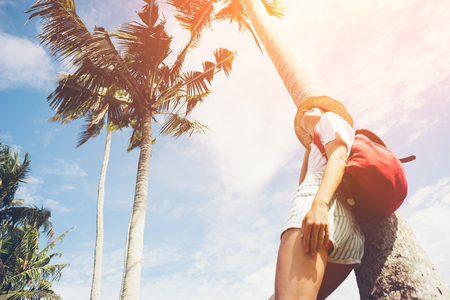 Happy girl in hat standing near palm tree on the island intentional sun glareの写真素材