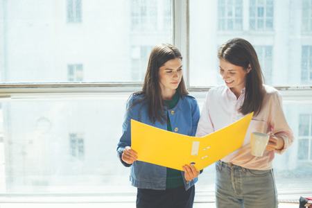 Two women discussing new working plan in office. Big bright window behind, indoorの写真素材