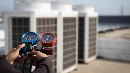 Air repair mechanic using measuring equipment for filling industrial factory air conditioners and checking maintenance outdoor air compressor unit.の写真素材