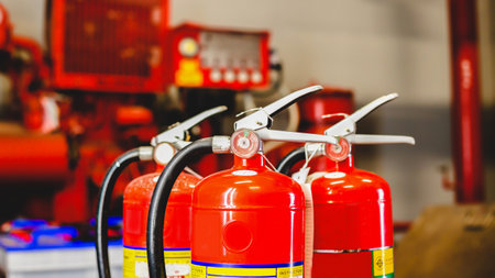 The red fire extinguisher is ready for use in case of an indoor fire emergency.の写真素材
