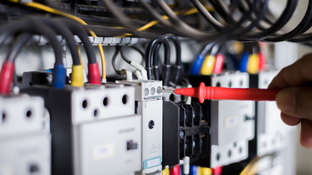 Electrician engineer work tester measuring voltage and current of power electric line in electical cabinet control.の写真素材