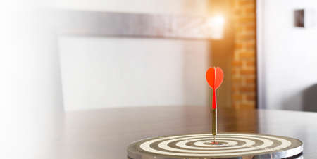 The dart board has an arrow thrown into the center of the shooting target for business targeting.の写真素材