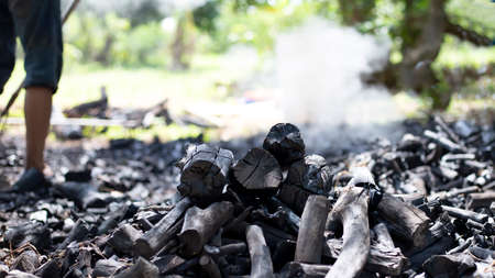 Farmers burn charcoal from wood cut off from the farm.の写真素材