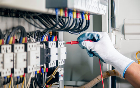 An electrical engineer is checking the operation of an electrical control device. maintenance conceptの写真素材