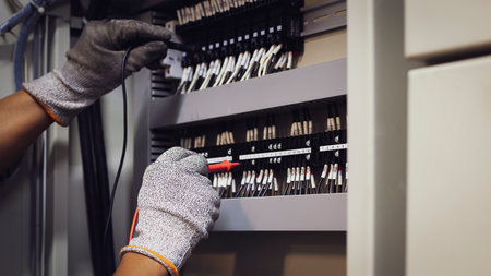 An electrical engineer is checking the operation of an electrical control device. maintenance conceptの写真素材