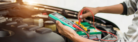 A technician is checking the car battery for availability.;の写真素材