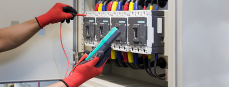 An electrical engineer is checking the operation of an electrical control device. maintenance conceptの写真素材