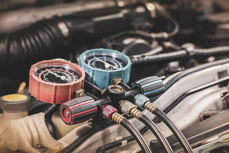 Car air conditioner check service, leak detection, fill refrigerant.Device and meter liquid cooling in the car by specialist technicians.の写真素材