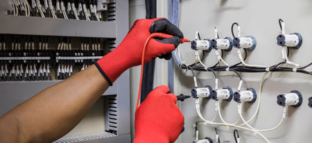 An electrical engineer is checking the operation of an electrical control device. maintenance conceptの写真素材