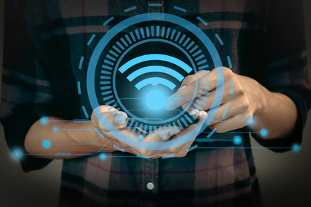 Use business smartphone with wifi icon, business communication social network concept.の写真素材