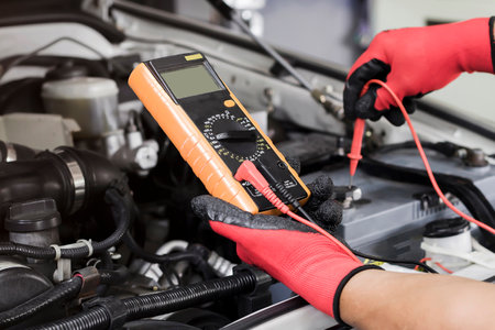 A technician is checking the car battery for availability.の写真素材