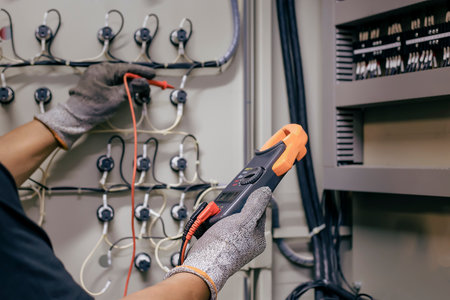 An electrical engineer is checking the operation of an electrical control device. maintenance conceptの写真素材