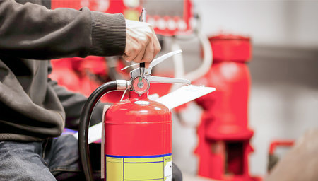 Engineer checking Industrial fire control system,Fire Alarm controller, Fire notifier, Anti fire.System ready In the event of a fire.の写真素材