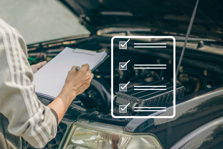 Automobile mechanic repairman checking a car engine with inspecting writing to the clipboard the checklist for repair machine, car service and maintenance.の写真素材