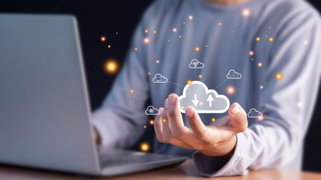 man using cloud computing showing in hand cloud technology storage Concepts of Storage Networks and Internet Servicesの写真素材