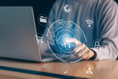 Man using laptop with cloud technology storage concept of networks and internet services
