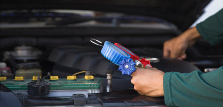 Car air conditioner check service, leak detection, fill refrigerant.Device and meter liquid cooling in the car by specialist technicians.の写真素材