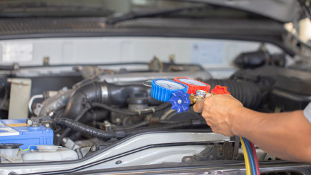 Car air conditioner check service, leak detection, fill refrigerant.の写真素材