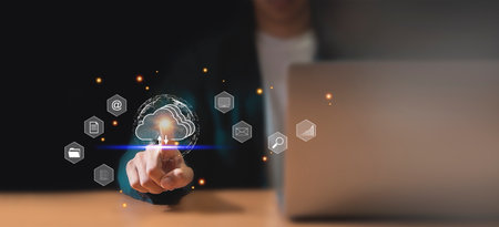 cloud computing shown in hand cloud technology data storage, data transfer, network and internet service concept, internet storage network technologyの写真素材