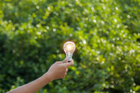 Hand holding light bulb,natural energy and love the world concept.の写真素材