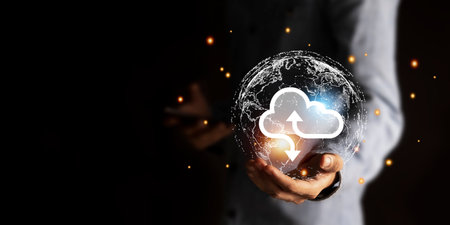 cloud computing shown in hand cloud technology data storage, data transfer, network and internet service concept, internet storage network technologyの写真素材